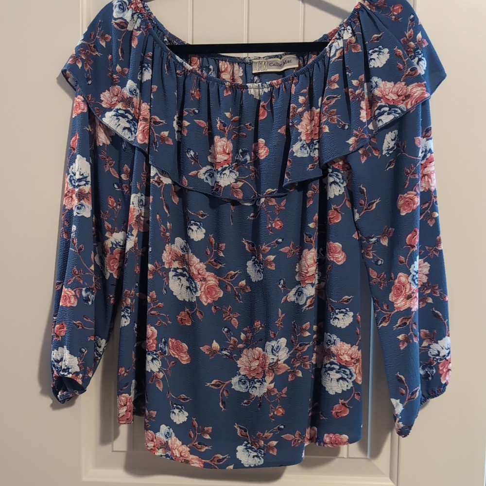 Callie MacFloral Off-Shoulder Ruffle Blouse - Blue/Pink - Picture 2 of 3